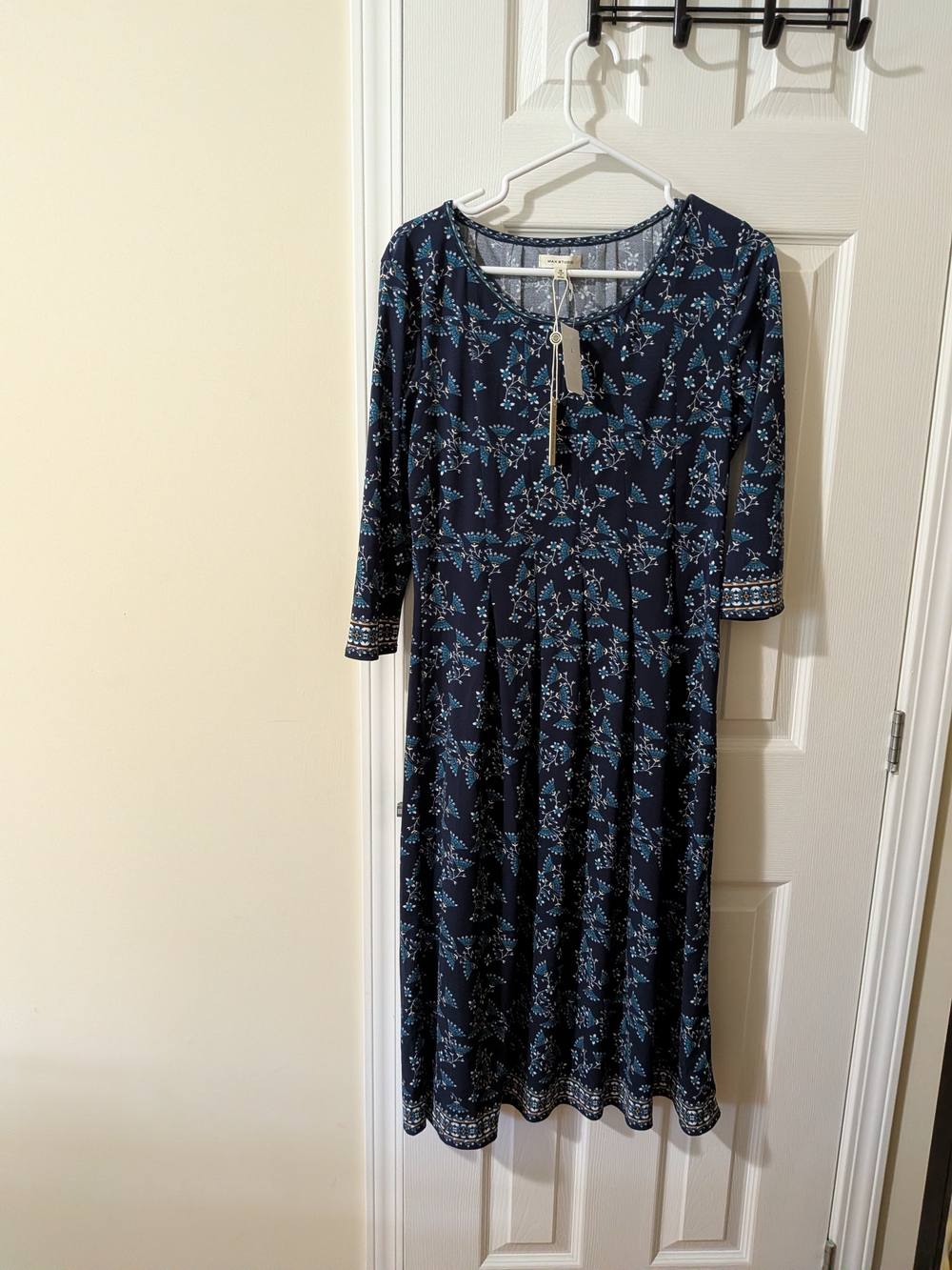 Max Studio Navy Floral Midi Dress with Light Blue Print